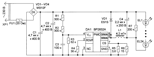 схема драйвера LED лампы на BP2832A