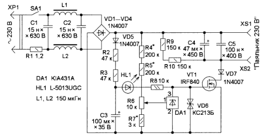 Регулятор мощности паяльника на полевом транзисторе, схема
