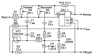 схема темброблока с искусственной индуктивностью на полевом транзисторе