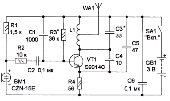 схема радиомикрофона на одном транзисторе и питании 3 В