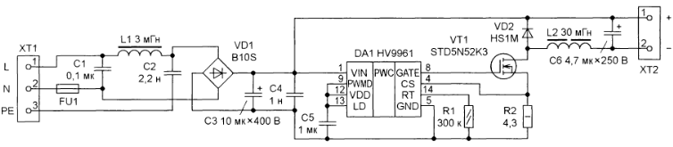 LED драйвер на HV9961 (8 Вт, 65 мА) схема