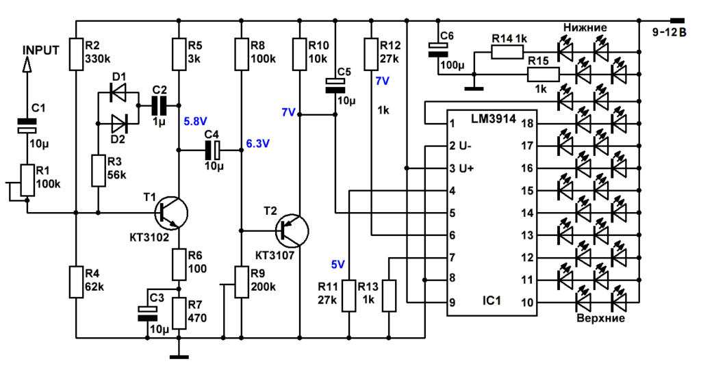 схема индикатора мощности на led и LM3914, имитация лампы 6Е5С