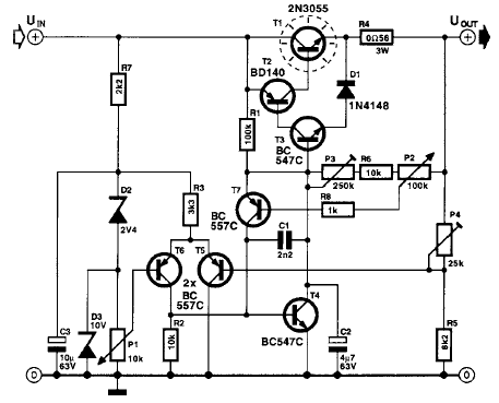 схема стабилизатора для лабораторного блока питания с ограничением тока (0..2,5А 0..40В)