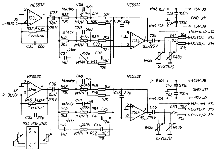 схема канального  сумматора с темброблоком на NE5532