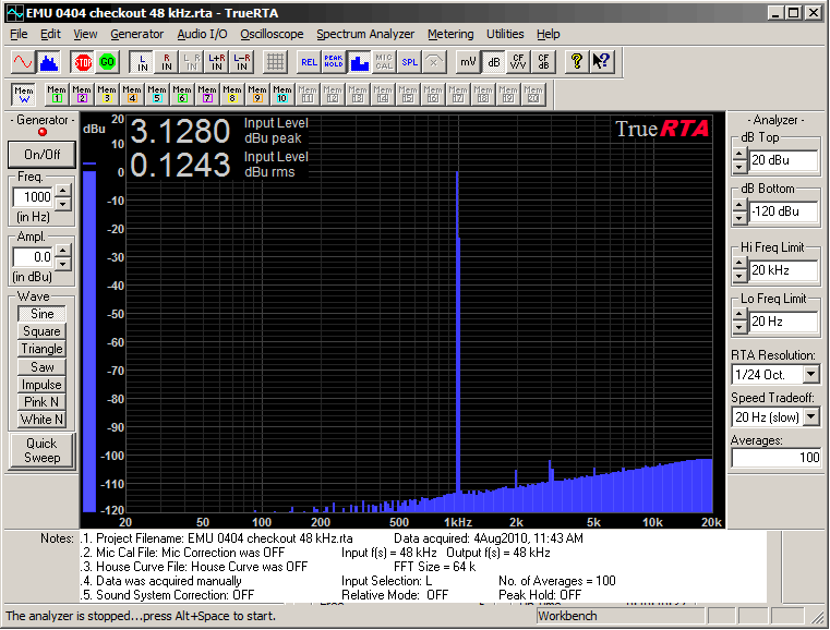 скриншот экрана программы TrueRTA в режиме анализатора спектра/спектроанализатор звука программа на Widows