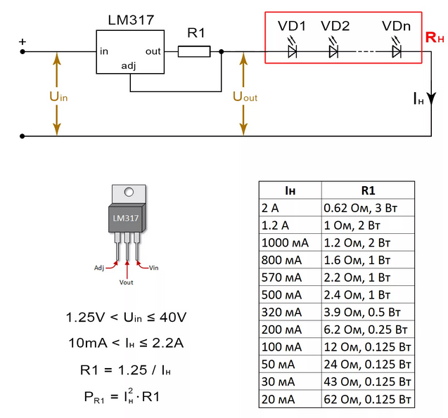 схема led балансира на LM317