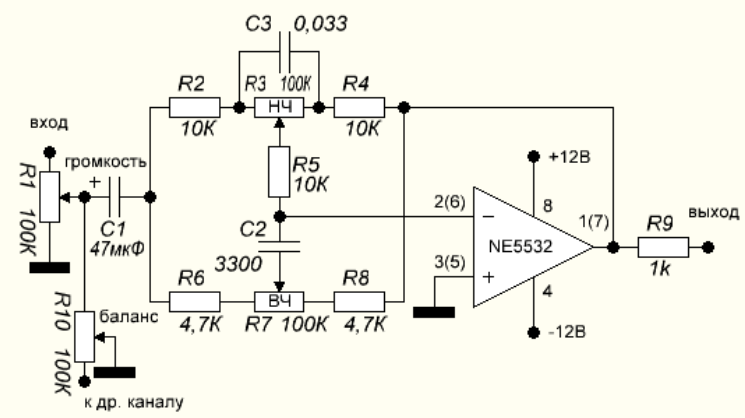 регулятор тембра и громкости на NE5532
