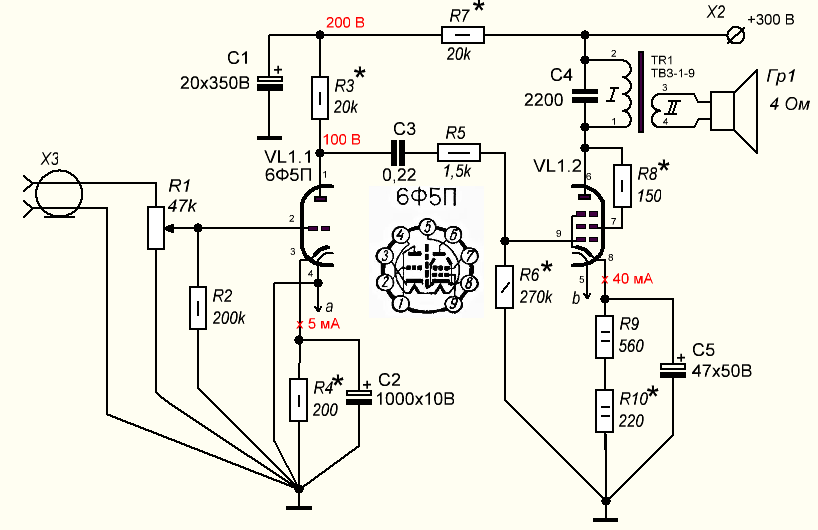 Схема усилителя мощности на лампе 6Ф5П