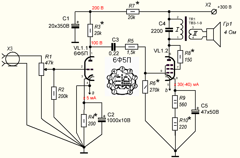 Схема лампового усилителя мощности на лампе 6Ф5П