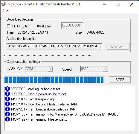 окно настройки Simcom – sim900 Customer flash loader